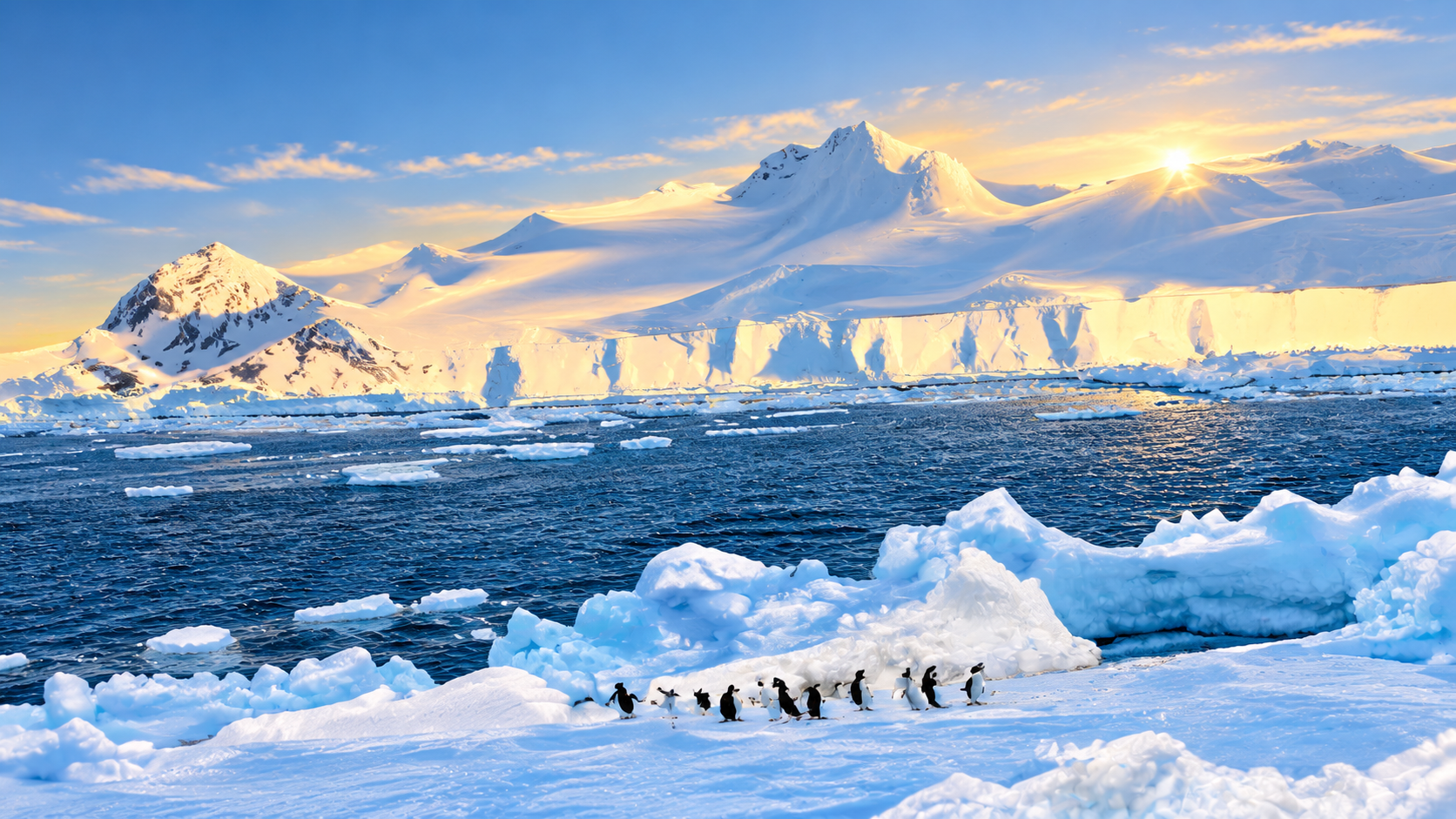 Antarctica Day landscape with penguins and glaciers
