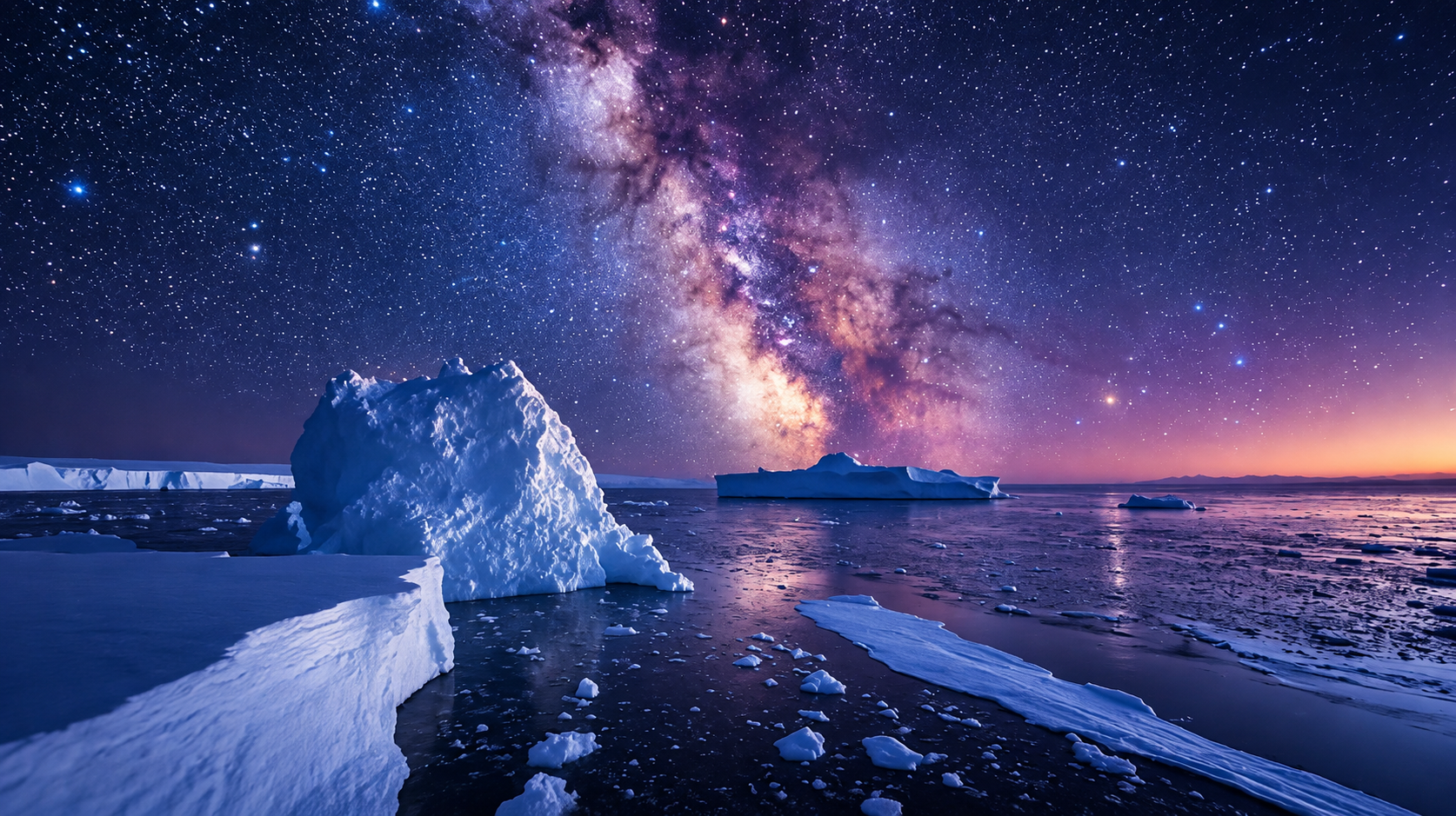 Antarctica Night landscape under starry sky and aurora
